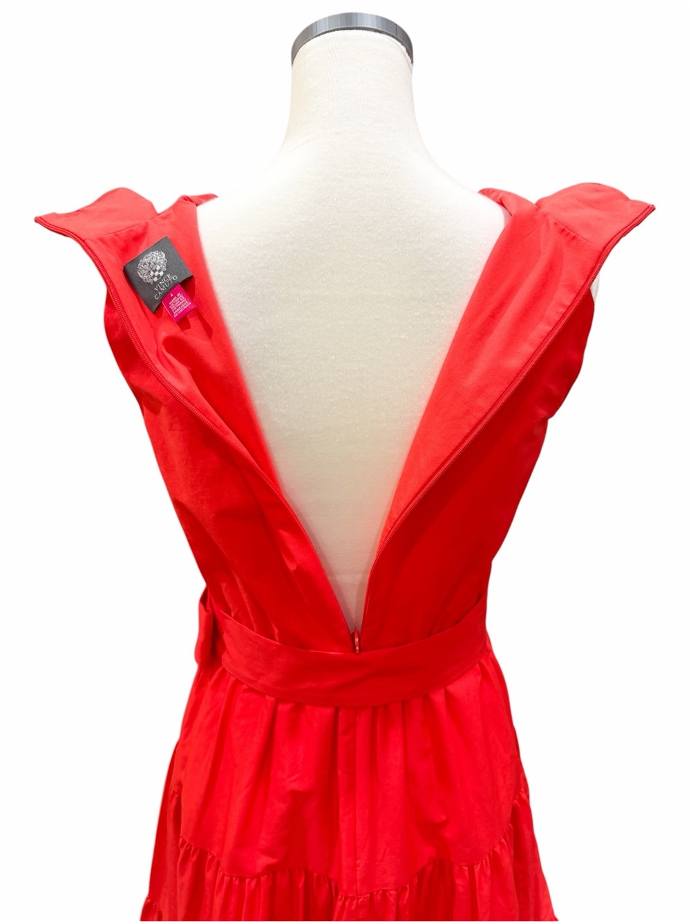 Vince Camuto Pleat Neck Cotton Midi Dress Belted Tiered Poppy Red 4 NWT - Picture 10 of 16